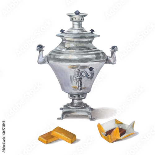 Russian samovar with chocolate candy in golden candy wrappers. Isolated on white background. Tea drinking in the Russian style, watercolor illustration.
