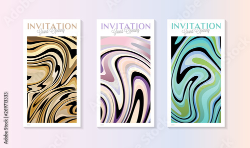 Invitation card template with bright colorful fluid paint waves, abstract marble texture