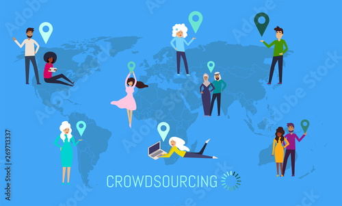 Design concept of crowdsourcing with world map, different characters people and background for website and mobile website. Vector illustration. photo