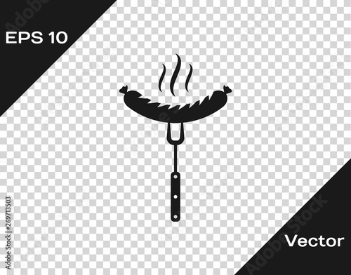 Grey Sausage on the fork with steam icon isolated on transparent background. Grilled sausage and aroma sign. Vector Illustration