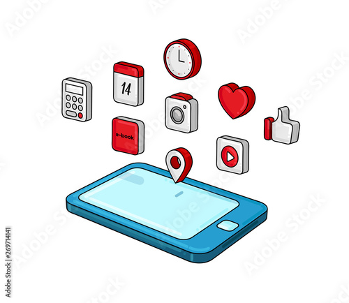 Smartphone illustration, 3d isometric view, different applications hanging in the air