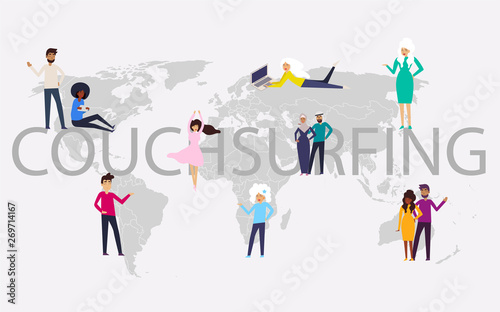 Design concept of couchsurfing with world map, different characters people and background for website and mobile website. Vector illustration.