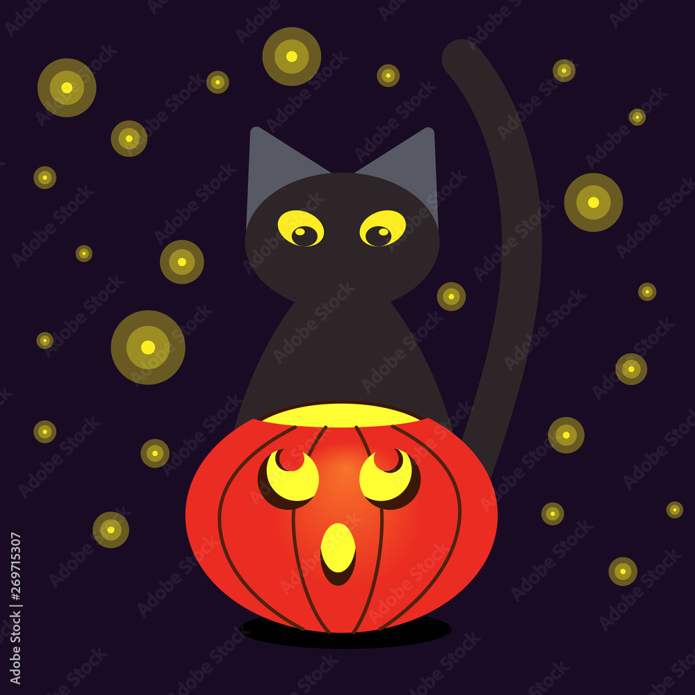 Pumpkin and black cat at night with lights of fireflies. Illustration for Halloween. Cartoon style