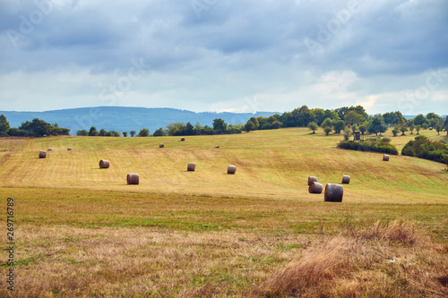 Landscape with field and round stack of hay sunny and cloudy weather