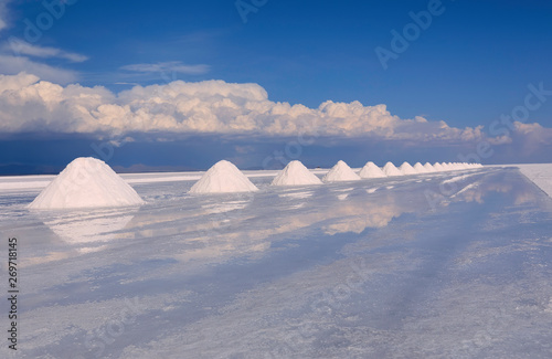 Colorful row of white salt pyramids in the salt desert  Salar de Uyuni  Bolivia  near border with Chile  South America