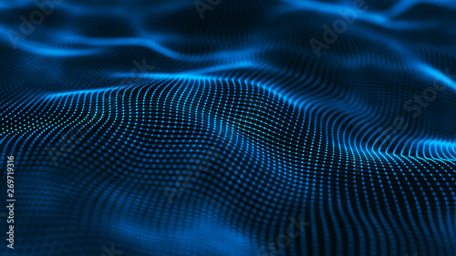 Wavy surface with many connected dots and lines. Abstract futuristic background. 3D rendering.