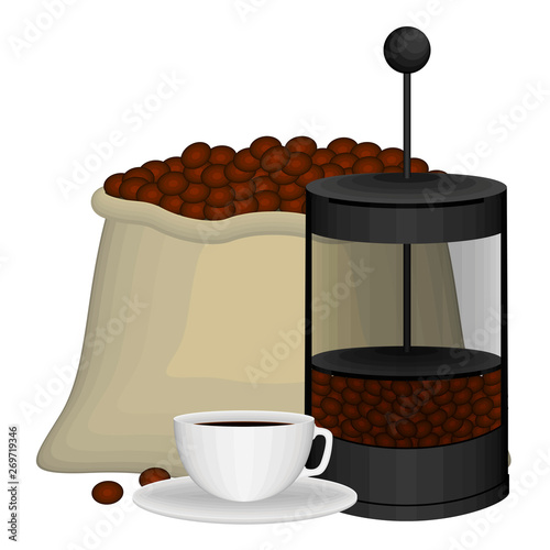 Roasted coffee beans bulk with a french press - Vector