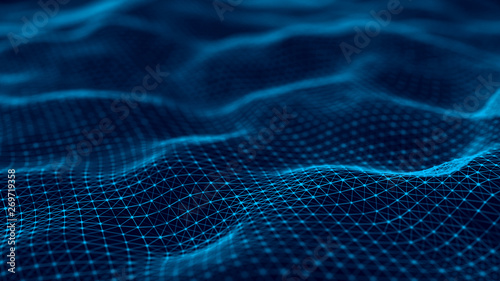 Wavy surface with many connected dots and lines. Abstract futuristic background. 3D rendering.