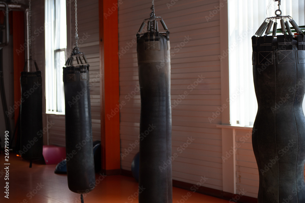 gym with four punching bags of various types