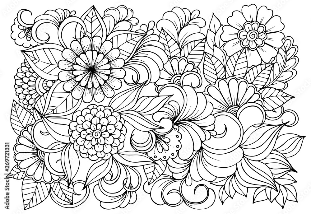 Coloring page in black and white for colouring book. Leafs and flowers ...