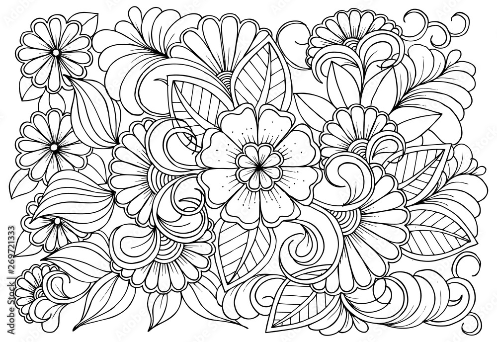 Fototapeta premium Coloring page in black and white for colouring book. Leafs and flowers in monocrome colors. Doodles pattern vector