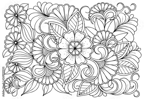 Coloring page in black and white for colouring book. Leafs and flowers  in monocrome colors. Doodles pattern vector