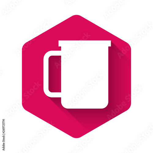 White Coffee cup flat icon isolated with long shadow. Tea cup. Hot drink coffee. Pink hexagon button. Vector Illustration