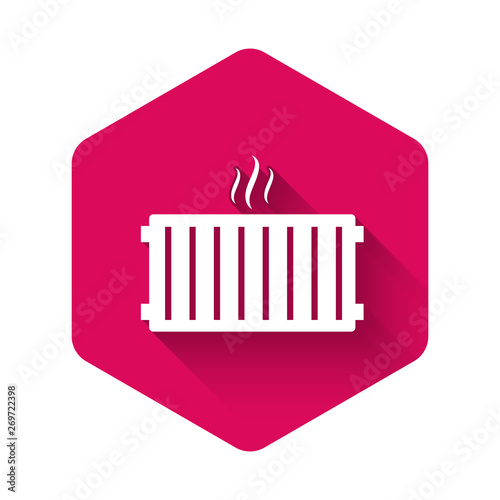 White Heating radiator icon isolated with long shadow. Pink hexagon button. Vector Illustration