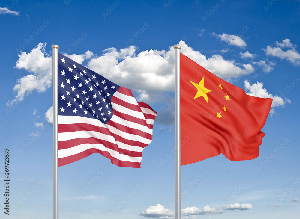 United States of America vs China. Thick colored silky flags of America and China. 3D illustration on sky background. - Illustration