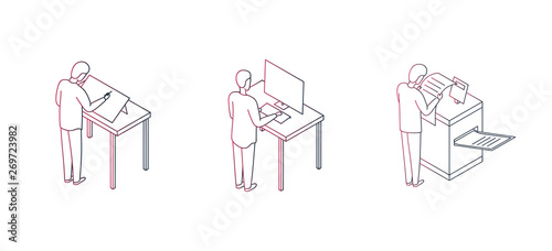 Icon set of people who works in a design studio and typography. Painter, designer and typographer