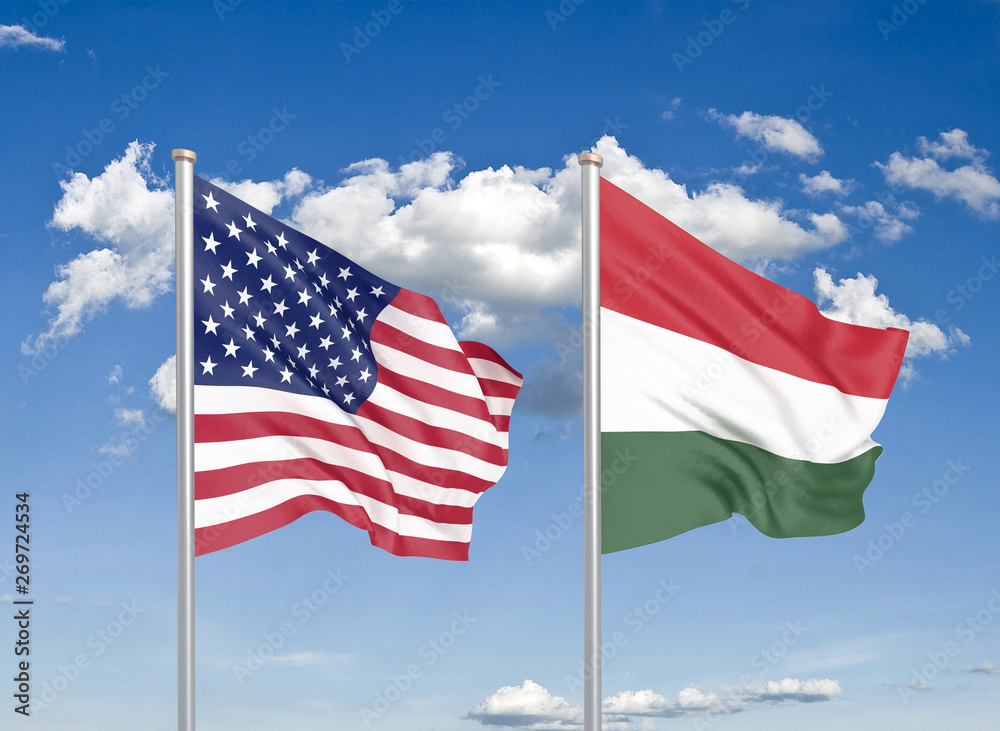 Obraz premium United States of America vs Hungary. Thick colored silky flags of America and Hungary. 3D illustration on sky background. - Illustration