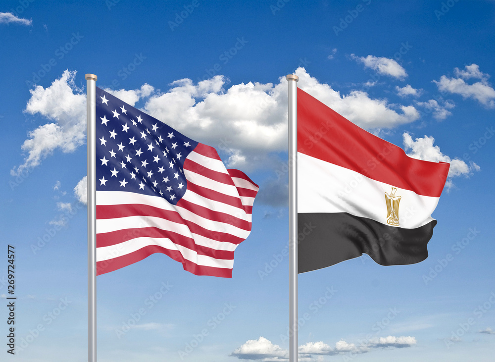 United States of America vs Egypt. Thick colored silky flags of America and Egypt. 3D illustration on sky background. - Illustration