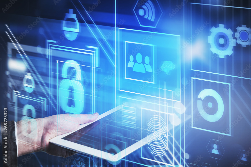 Man with tablet, online security interface Man with tablet, online security interface