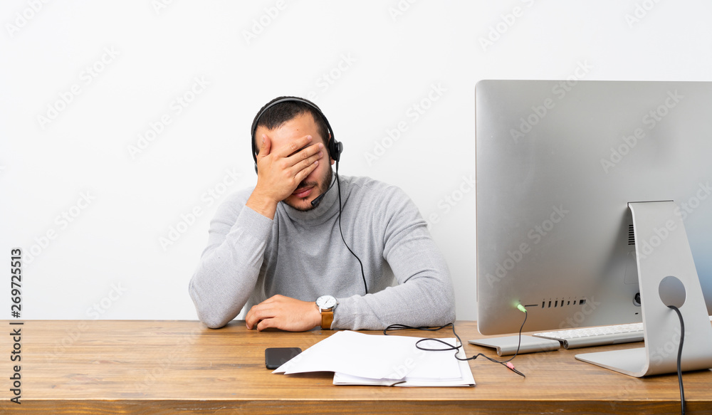 Telemarketer Colombian man covering eyes by hands. Do not want to see something Telemarketer Colombian man covering eyes by hands. Do not want to see something