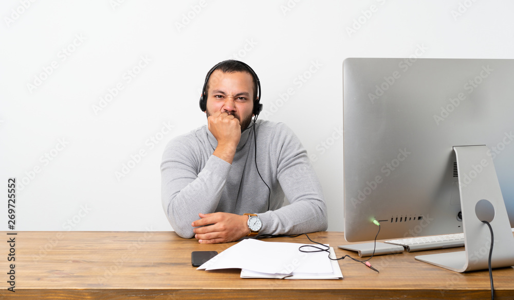Telemarketer Colombian man having doubts Telemarketer Colombian man having doubts