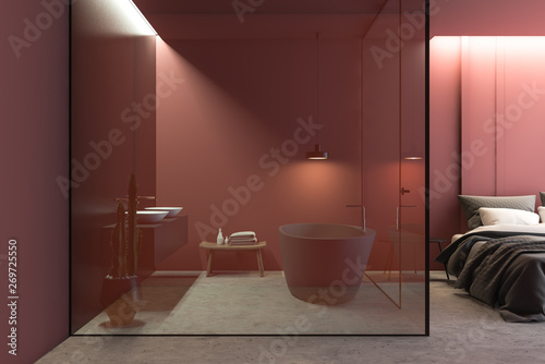 Interior of bathroom in red master bedroom