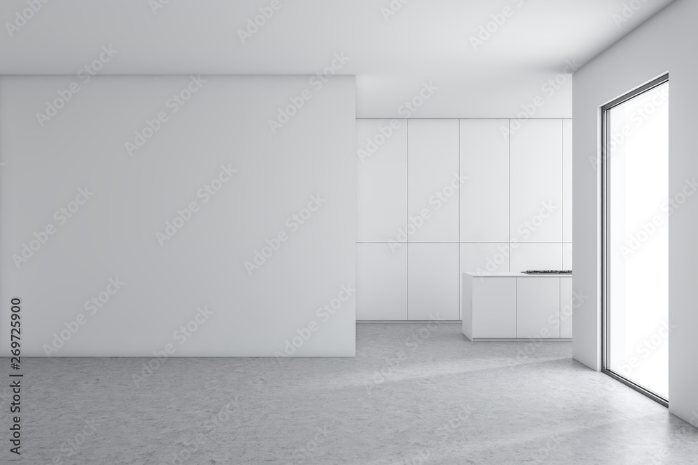 White kitchen interior with mock up wall White kitchen interior with mock up wall