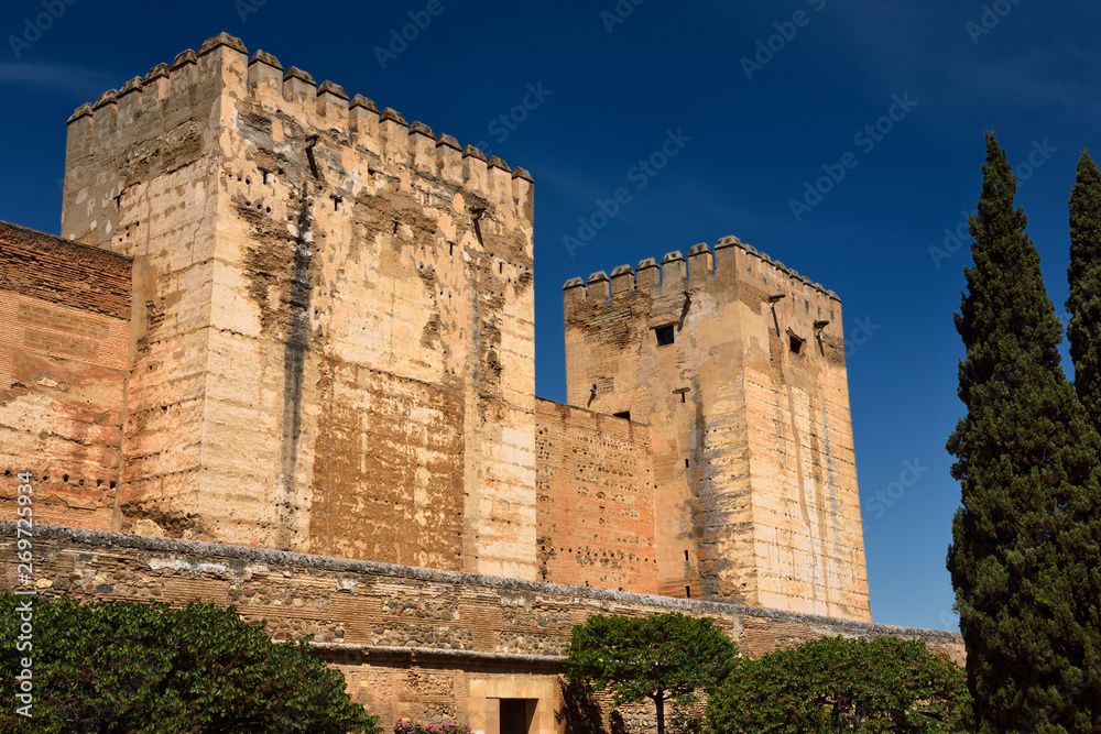 Fototapeta premium Ancient fortified Broken and Homage towers of Alcazaba military area of Alhambra fortress Granada