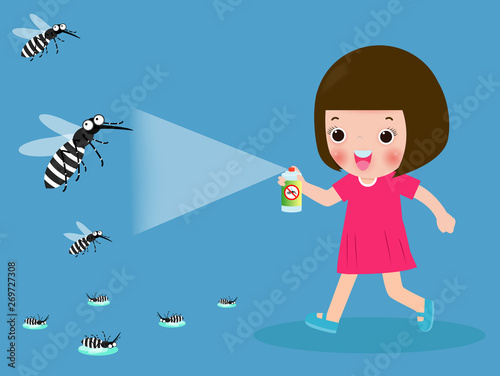 children fight mosquito by spray. protection dengue fever concept. Vector illustration, Zika virus ,malaria, yellow fever, Aedes Aegypti isolated on background vector illustration