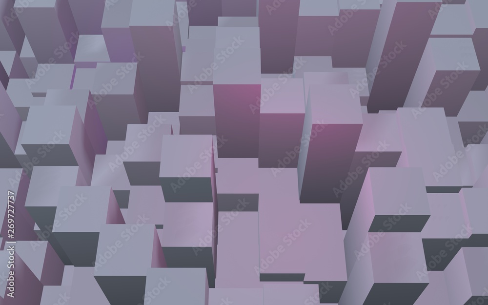 Abstract pink gray elegant cube geometric background. Chaotically advanced rectangular bars. 3D Rendering, 3D illustration