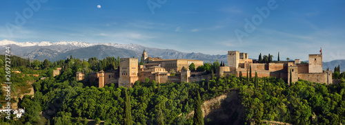 Panorama of snow on Sierra Nevada Mountains and Alhambra Palace fortress Granada