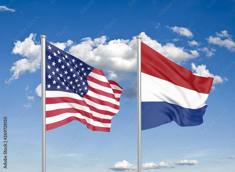 Fototapeta premium United States of America vs Netherlands. Thick colored silky flags of America and Netherlands. 3D illustration on sky background. - Illustration