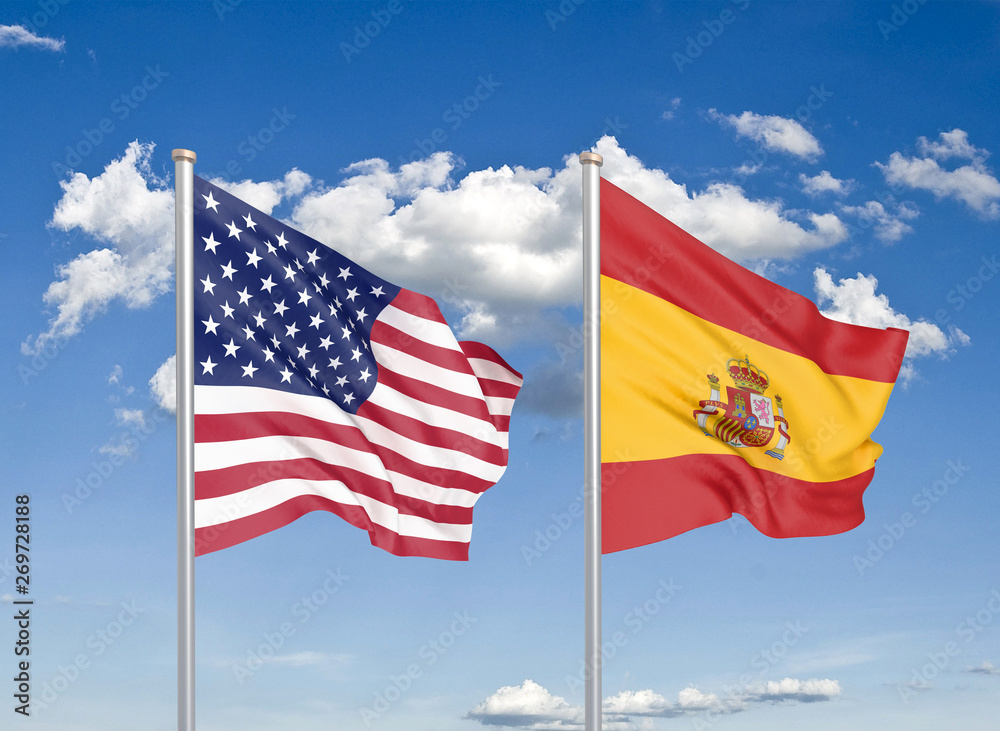 Obraz premium United States of America vs Spain. Thick colored silky flags of America and Spain. 3D illustration on sky background. - Illustration