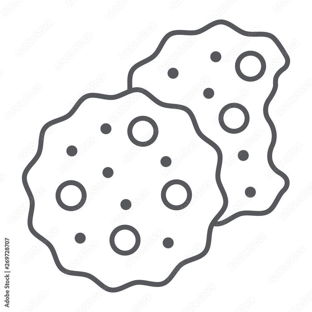 Cookies thin line icon, sweet and food, biscuit sign, vector graphics, a linear pattern on a white background. Cookies thin line icon, sweet and food, biscuit sign, vector graphics, a linear pattern on a white background.