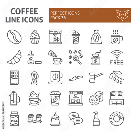 Coffee line icon set, cafe symbols collection, vector sketches, logo illustrations, caffeine signs linear pictograms package isolated on white background.