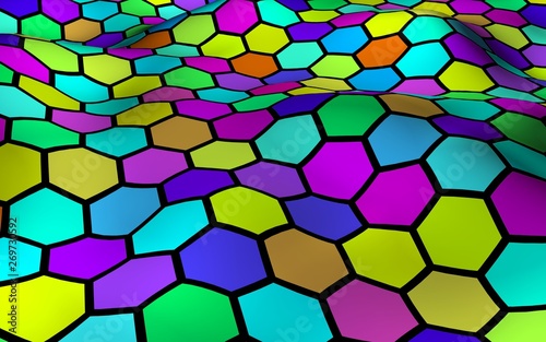 Honeycomb multi-colored. Perspective view on polygon look like honeycomb. Wavy surface. Isometric geometry. 3D illustration