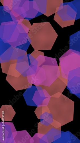 Multicolored translucent hexagons on dark background. Vertical image orientation. 3D illustration