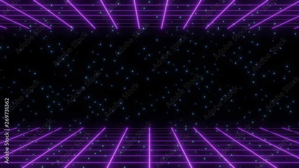 purple retro 80s wireframe with blue blinking stars background Stock
