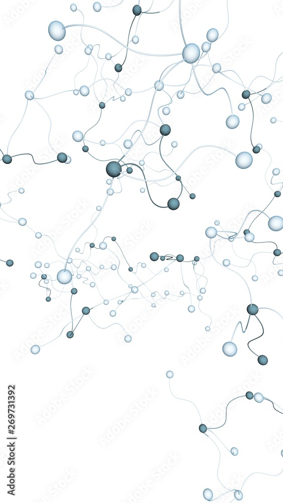 Neural network. Social network. Futuristic dna, deoxyribonucleic acid. Abstract molecule, cell illustration, mycelium. White background. 3D illustration