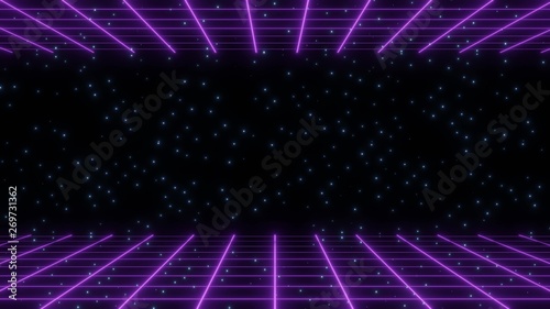 purple retro 80s wireframe with blue blinking stars background