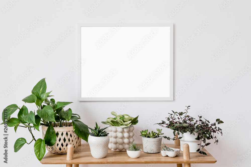 Stylish scandinavian interior with mock up poster frame, design bamboo commode and beautiful composition of plants in different hipster pots. Modern home decor.  Minimalistic concept. Home garden.