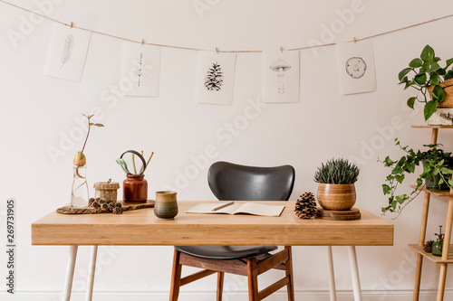 Stylish scandinavian home interior of open space, with a lot of plants, design accessories, bamboo shelf, wooden desk and hanging mock up forest drawings . Botany concept of home decor. Sunny room. © FollowTheFlow