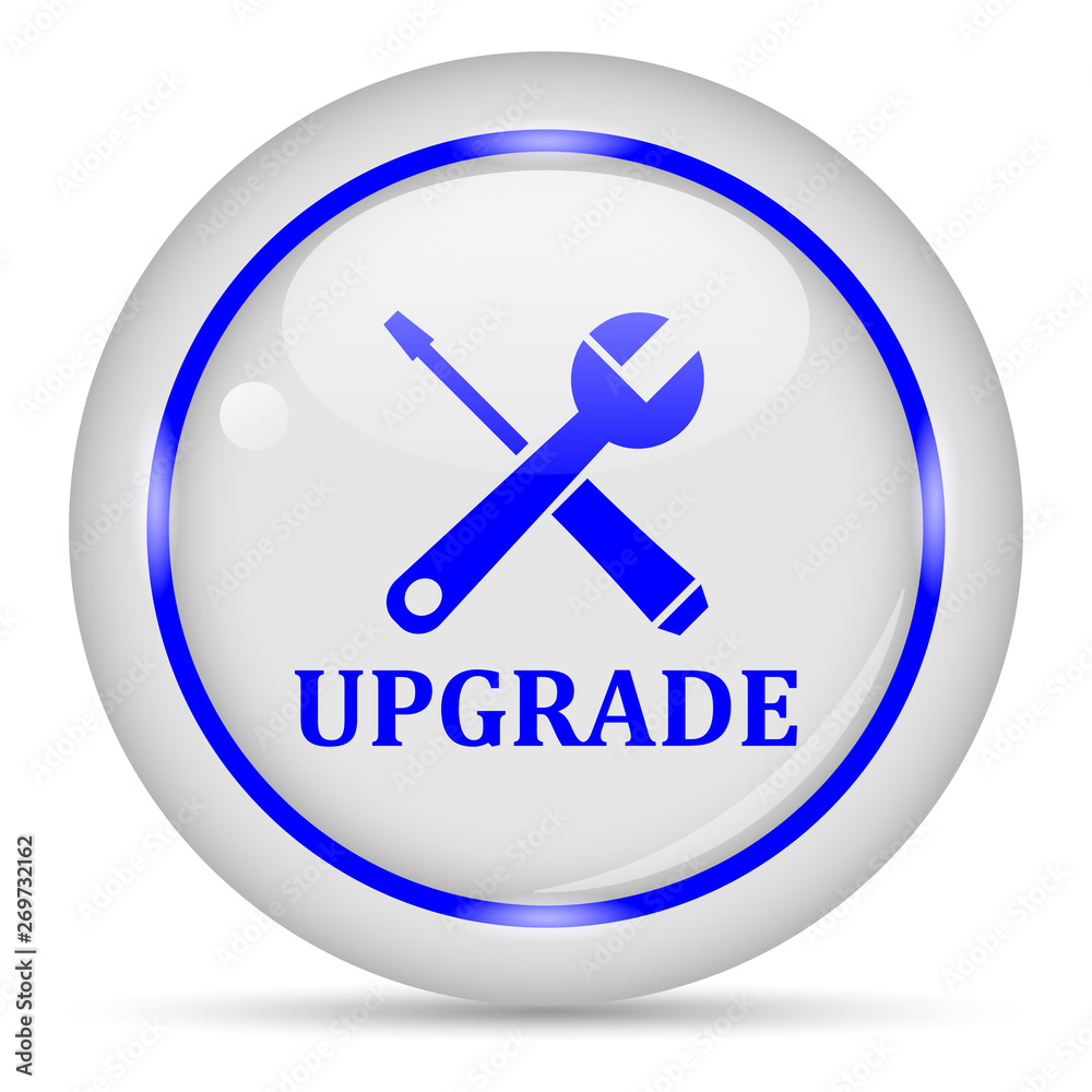 UPGRADE icon. White glossy round vector icon in eps 10. Editable modern design internet button on white background. UPGRADE icon. White glossy round vector icon in eps 10. Editable modern design internet button on white background.