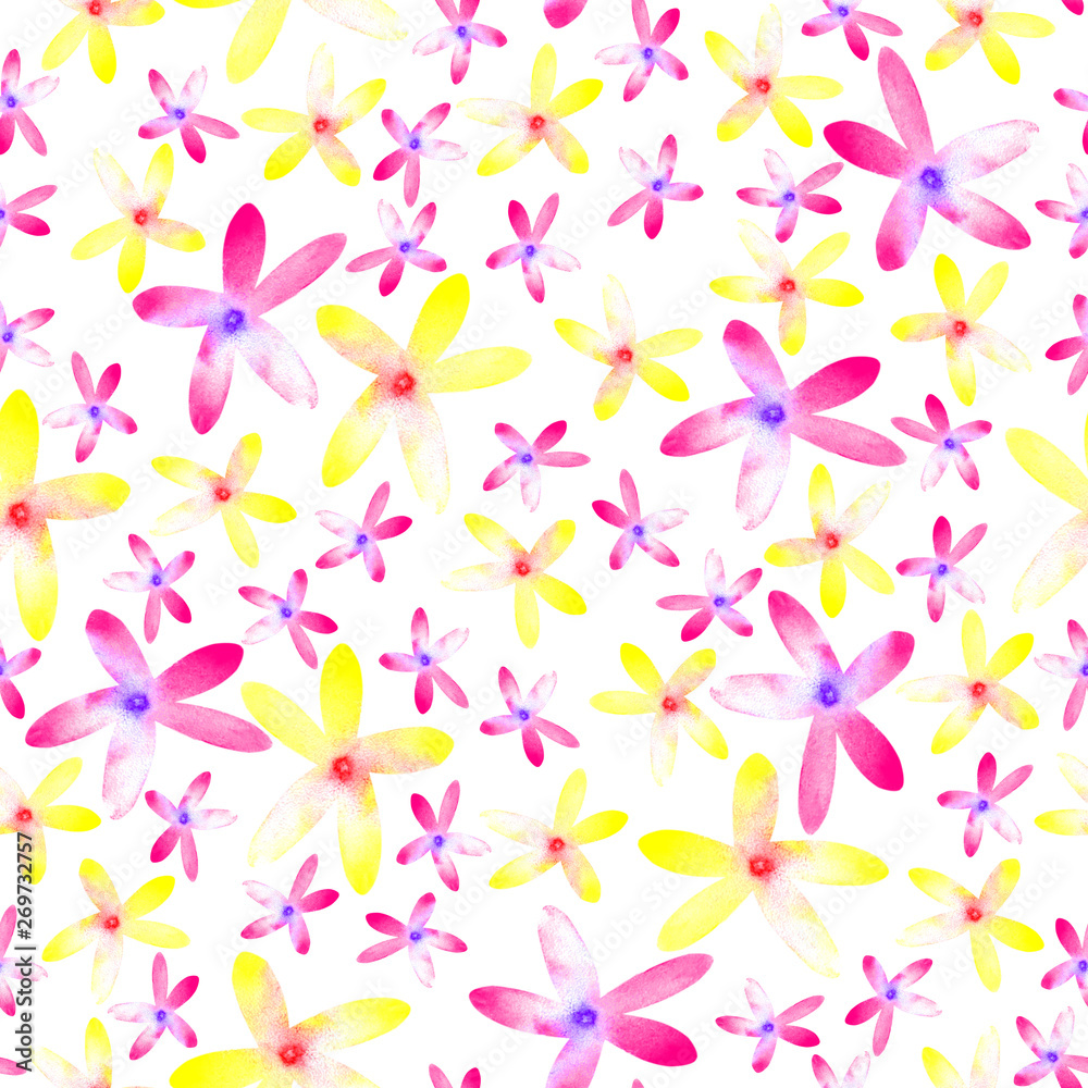Flowers pink and yellow on a white background. Watercolor seamless pattern. Flowers pink and yellow on a white background. Watercolor seamless pattern.