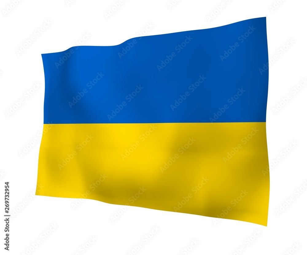 The flag of Ukraine on a white background. National flag and state ensign. Blue and yellow bicolour. 3D illustration waving flag The flag of Ukraine on a white background. National flag and state ensign. Blue and yellow bicolour. 3D illustration waving flag