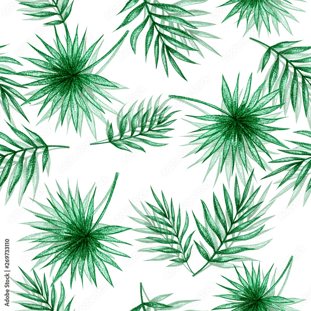 Palm leaves on a white background. Seamless pattern of leaves.