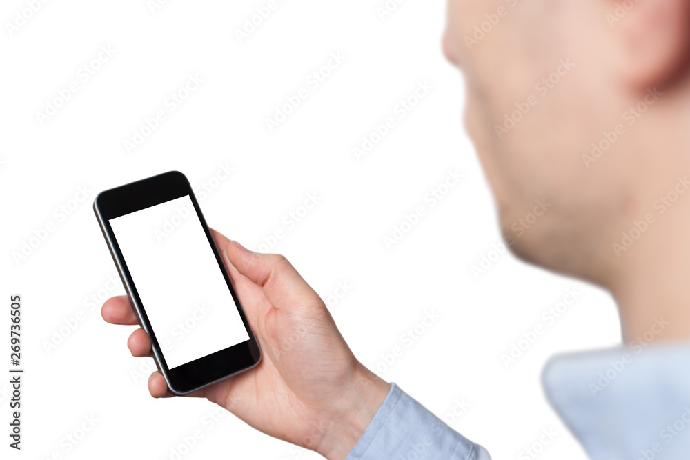 Mobile phone in the hand isolated on white background Mobile phone in the hand isolated on white background
