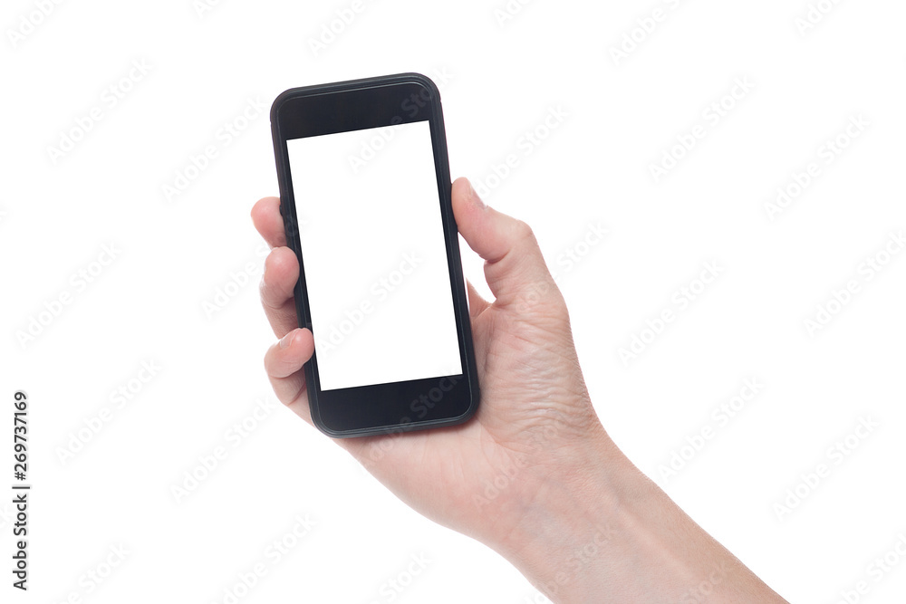 Hand holding black Smartphone with blank screen on white backgroun. Hand holding black Smartphone with blank screen on white backgroun.