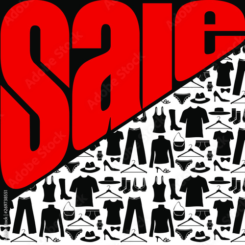 Affiche pour les soldes. Une image en deux partie, avec un effet typographique du mot anglais « sale » et un motif de vêtements et d’accessoires de mode.