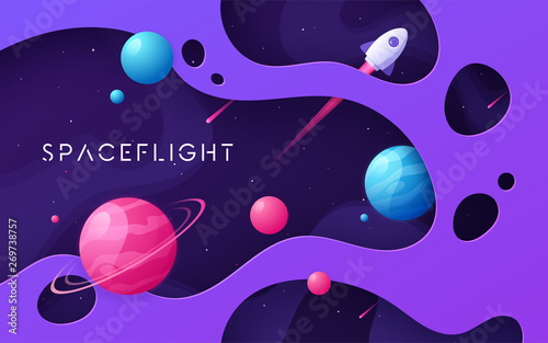 Colorful cartoon outer space background, design, banner, artwork. 